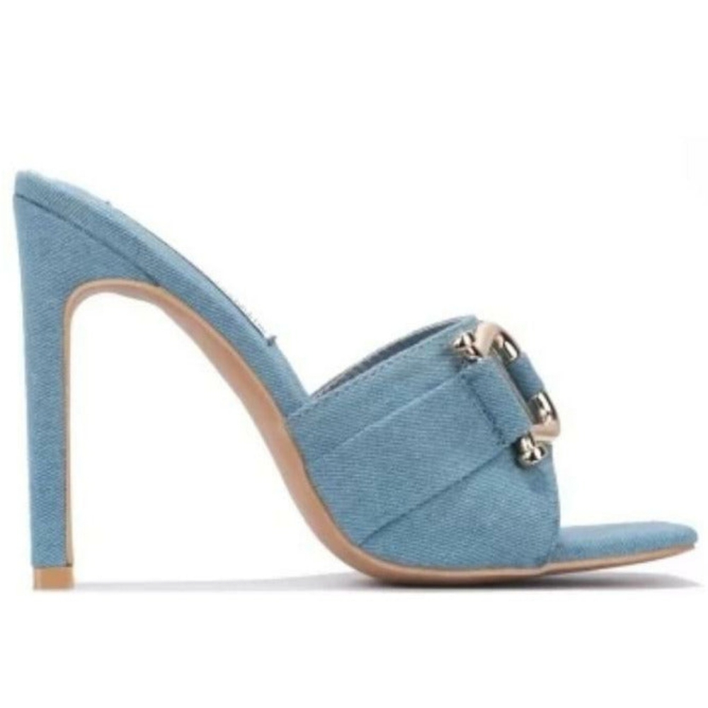 Denim blue open toe mules with gold buckle - Picture 3 of 3